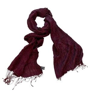 NEPAL tonal burgundy fringed wool & silk oblong crinkled scarf handmade in Nepal